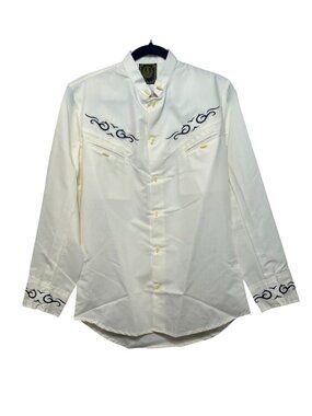 Espuela de Oro White Western Shirt Black Embroidery Size Small Mandarin Collar